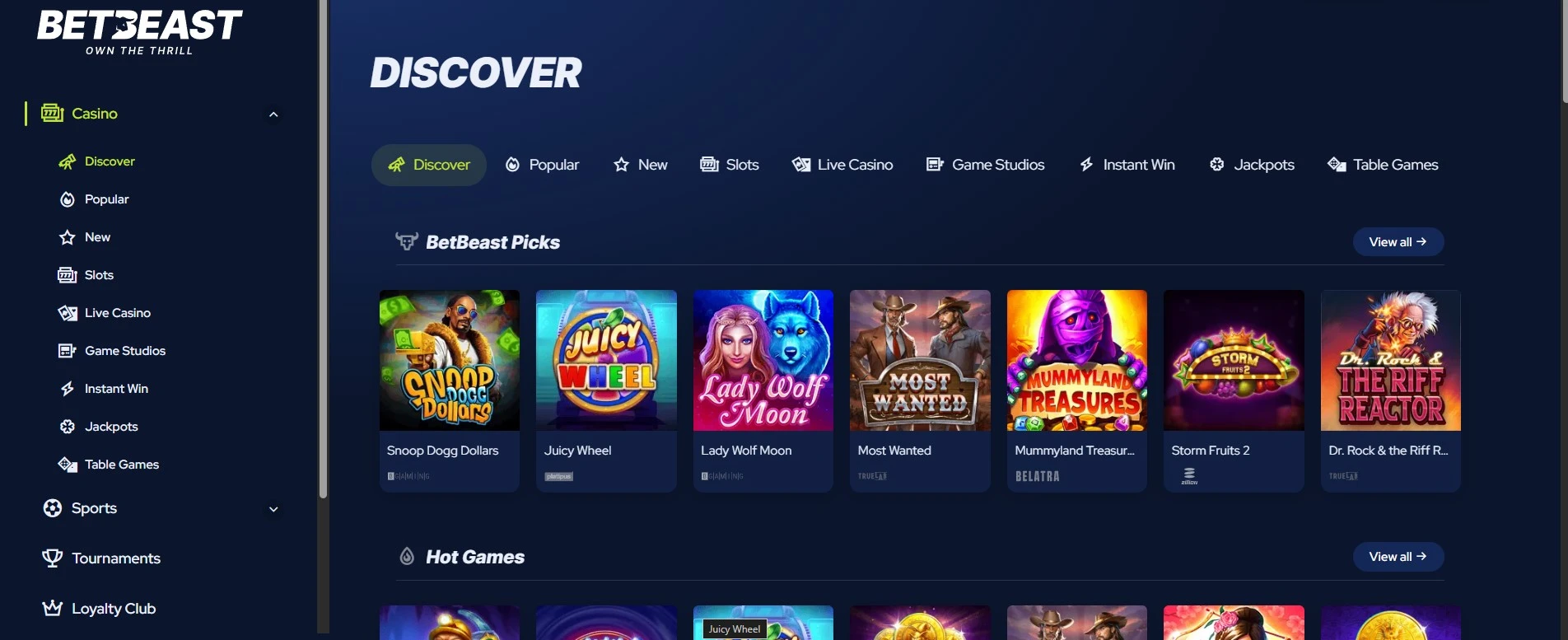 BetBeast Casino Game Selection.