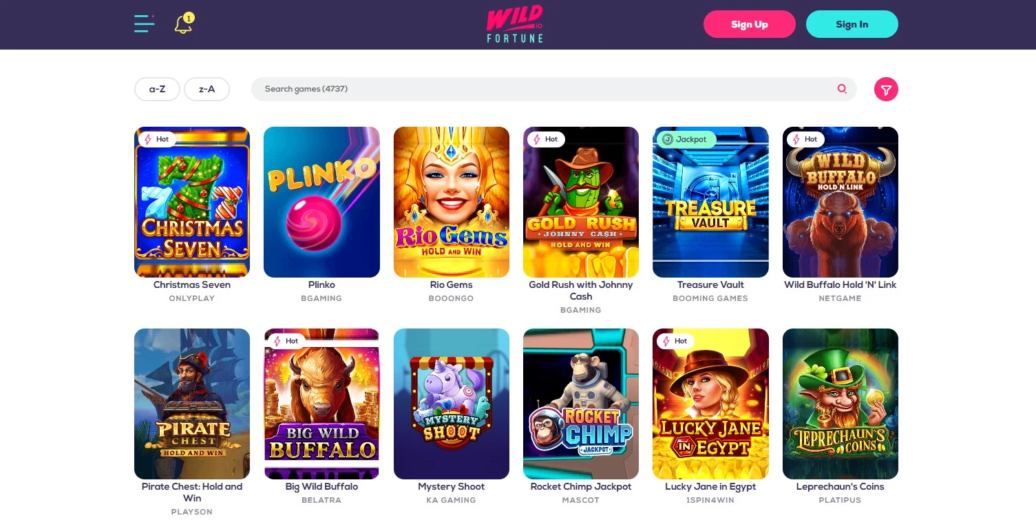 Wild Fortune Casino Game Selection.