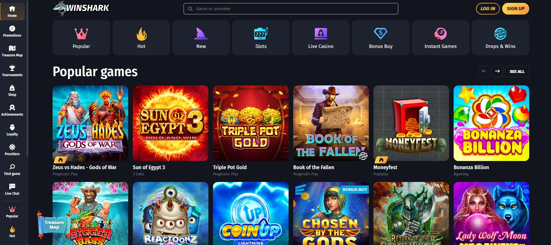 Winshark Casino Games Selection.