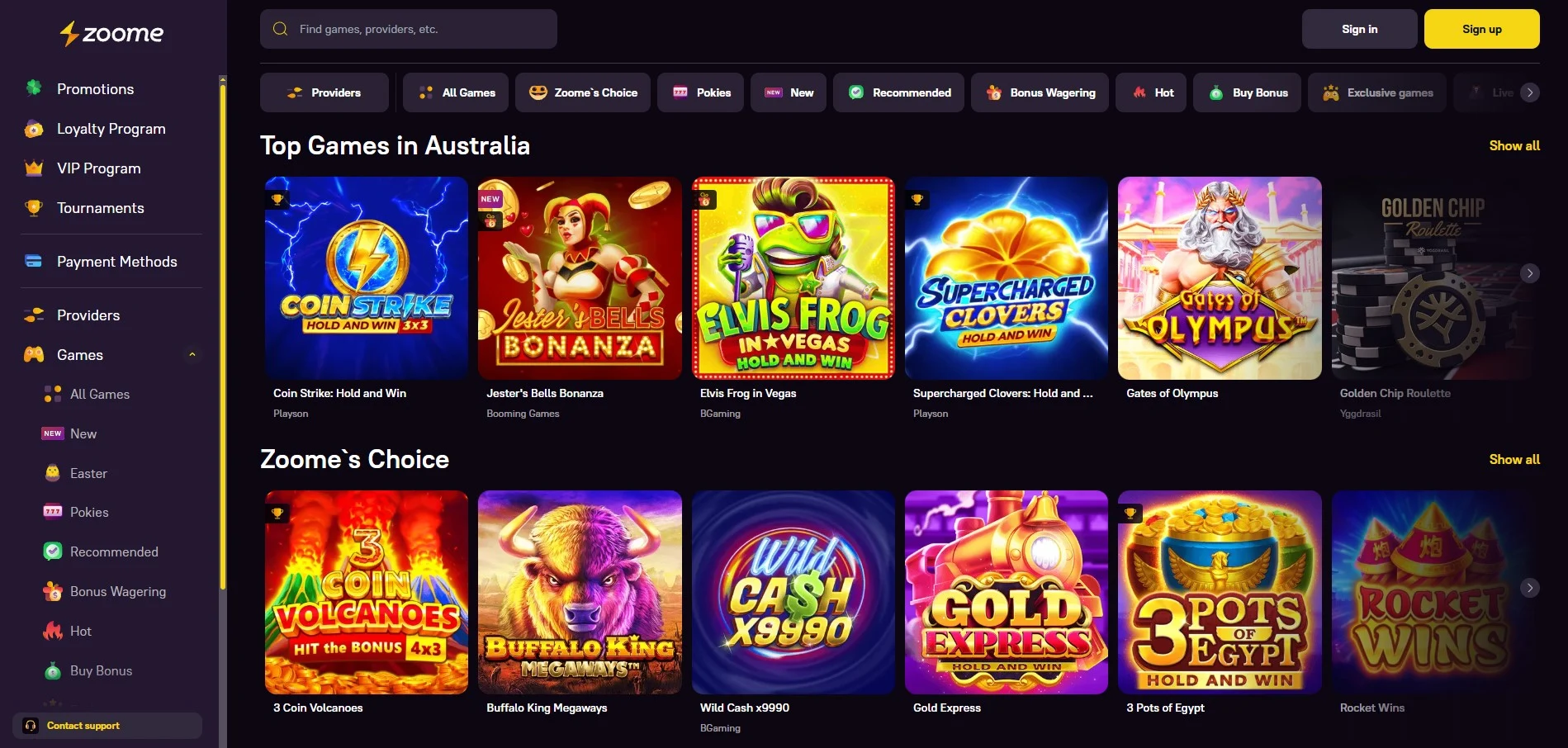 Zoome Casino Game Selection.